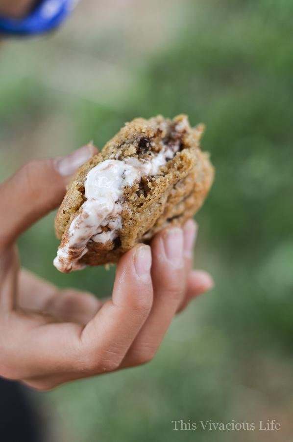 These gluten-free vegan chocolate chip cookie ice cream sandwiches are soft, chewy and so delicious that nobody would ever know they are vegan and gluten-free! They have a secret ingredient that really adds to the chewiness. #vegan #glutenfree #icecreamsandwiches #vegandessert #glutenfreecookies