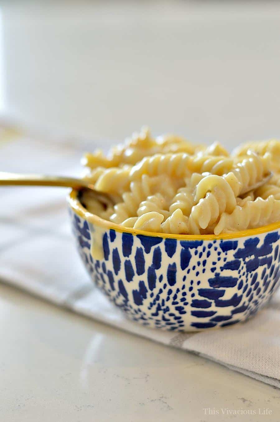 Gluten-Free Mac and cheese in a blue spotted bowl