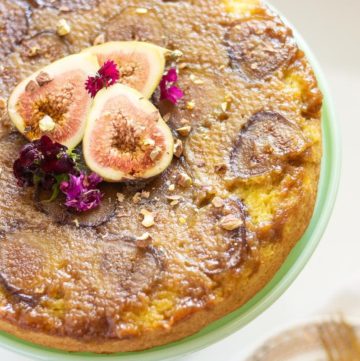 This gluten-free fig cake is so moist and delicious! It has a secret ingredient to make it even more flavorful and soft but the pistachios on top will give you a little hint. This is very similar to pineapple upside down cake but with figs.