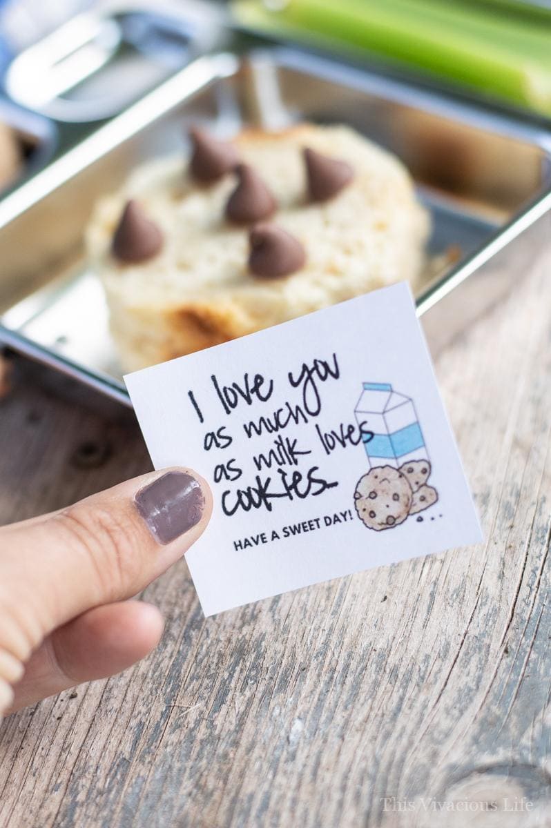 This chocolate chip cookies sandwich lunchbox is a fun back-to-school lunch. Cookies and milk have always been a good match. The cookies and milk printable is the perfect addition!