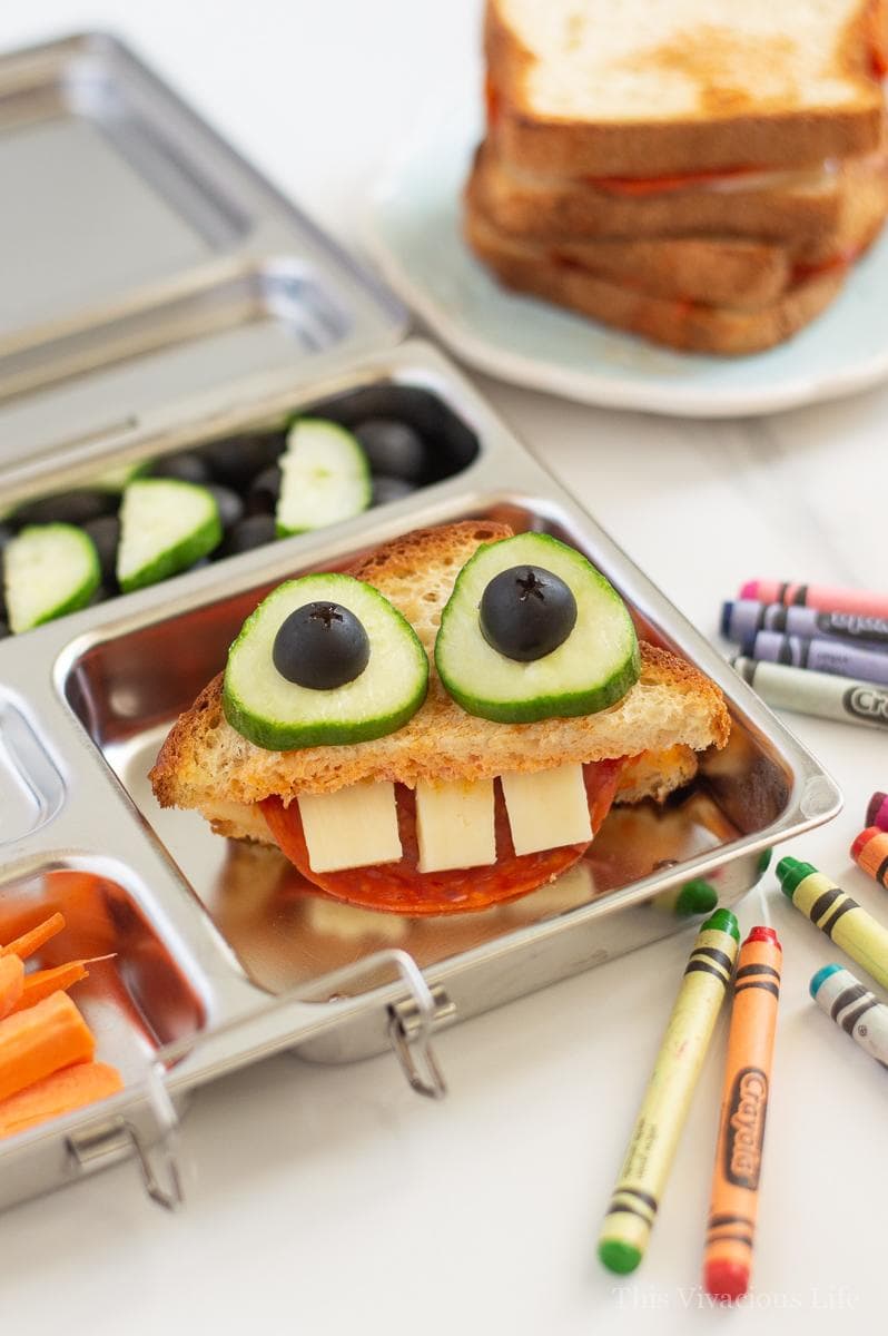 This pizza grilled cheese monster is going to be any kids favorite lunchbox sandwich! They are going to love the whimsy and fun of opening this up in the lunchroom to a funny face. We love using Canyon Bakehouse bread because it is so tasty that nobody would ever know it is gluten-free. AD