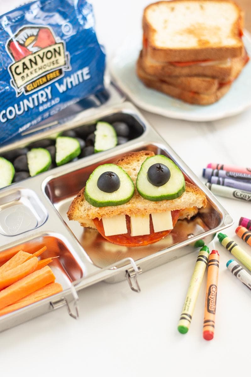 This pizza grilled cheese monster is going to be any kids favorite lunchbox sandwich! They are going to love the whimsy and fun of opening this up in the lunchroom to a funny face. We love using Canyon Bakehouse bread because it is so tasty that nobody would ever know it is gluten-free. AD