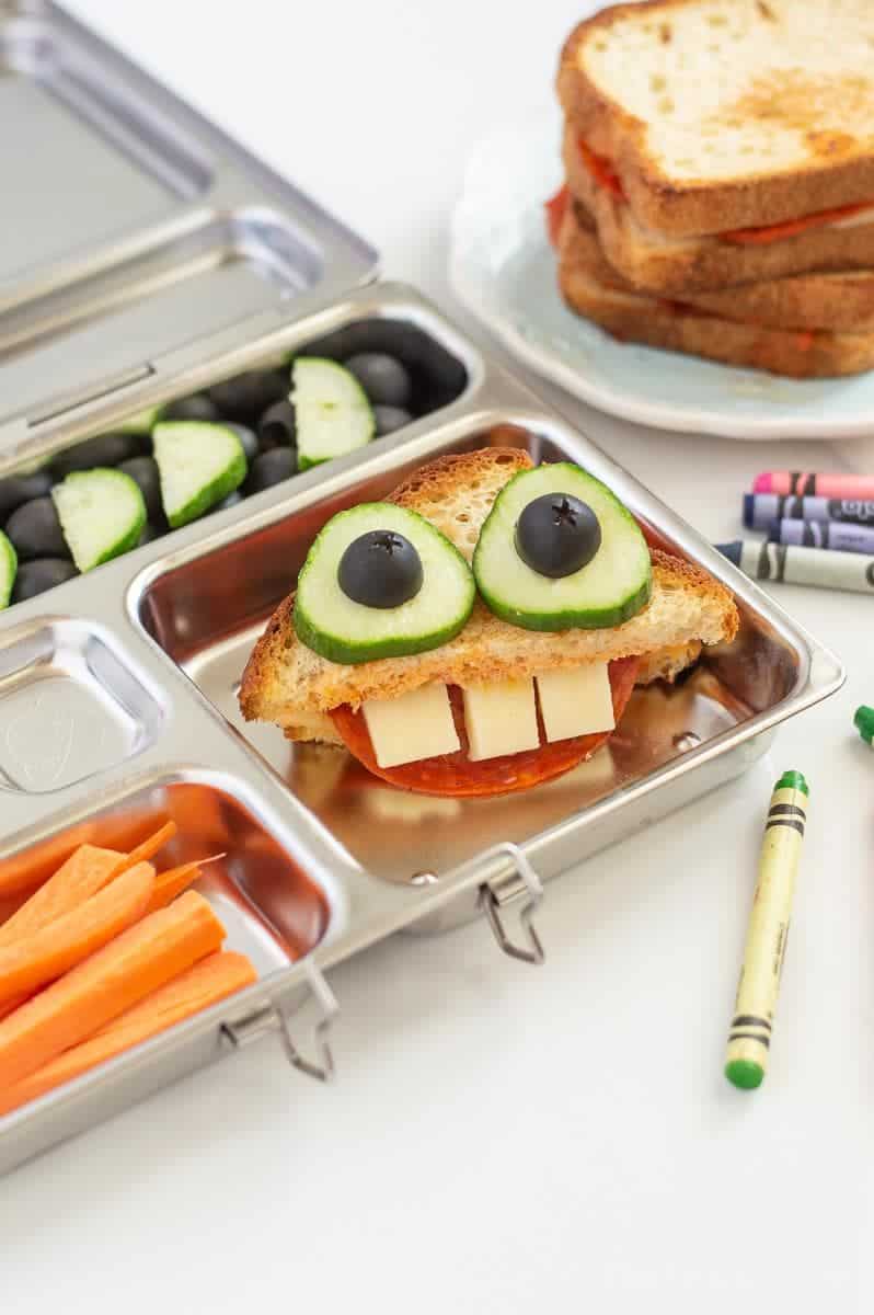This pizza grilled cheese monster is going to be any kids favorite lunchbox sandwich! They are going to love the whimsy and fun of opening this up in the lunchroom to a funny face. We love using Canyon Bakehouse bread because it is so tasty that nobody would ever know it is gluten-free. AD