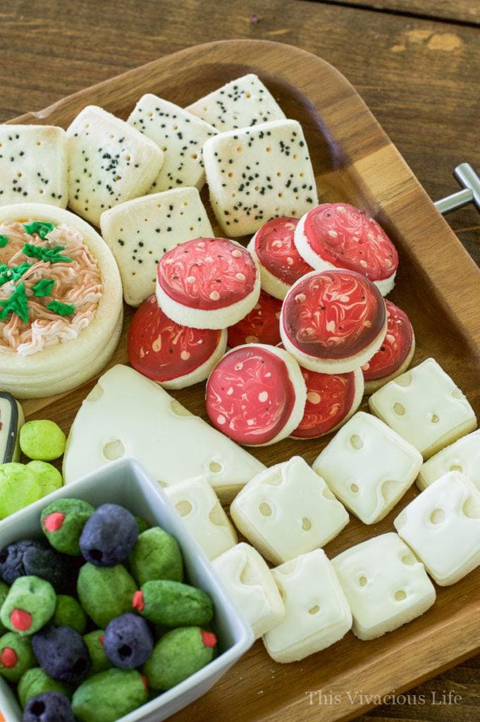 Cheeseboard and charcuterie sugar cookies, salami and cracker cookies