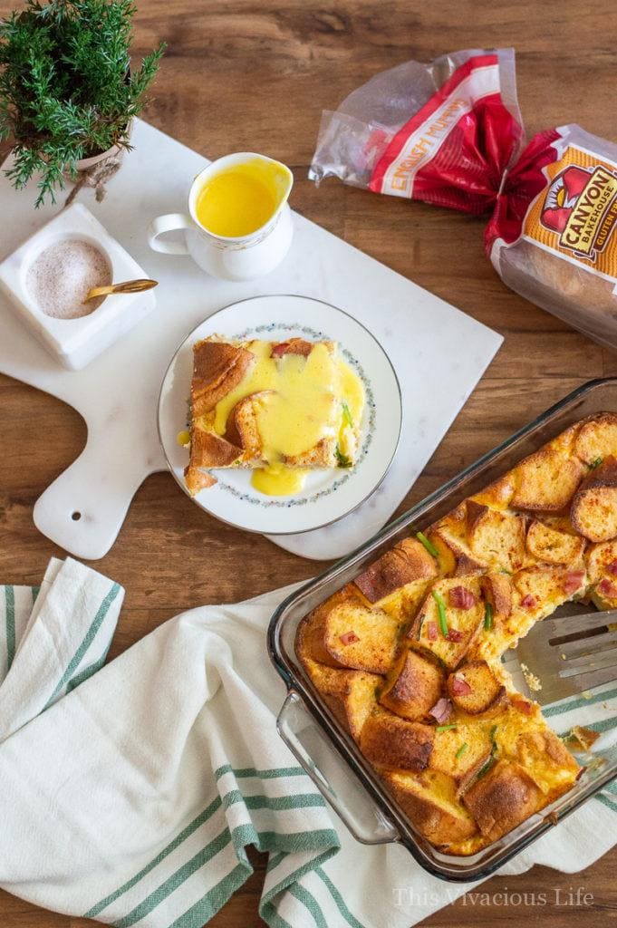 Gluten-free eggs benedict casserole with smoky hollandaise sauce! This overnight breakfast casserole is so fluffy and delicious as well as rich in flavor. Everyone will love it whether gluten-free or not. The Canyon Bakehouse gluten-free English muffins really make this dish special. AD