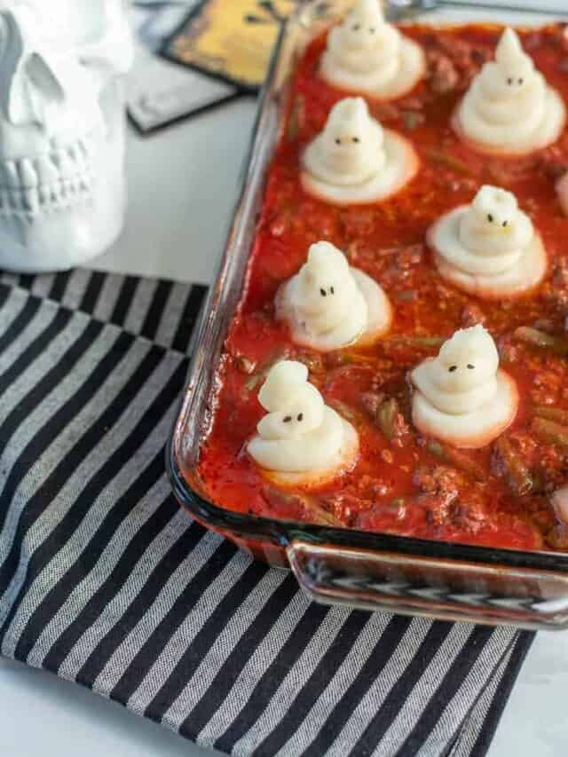 halloween dinner of ghost shepherd's pie in a glass dish