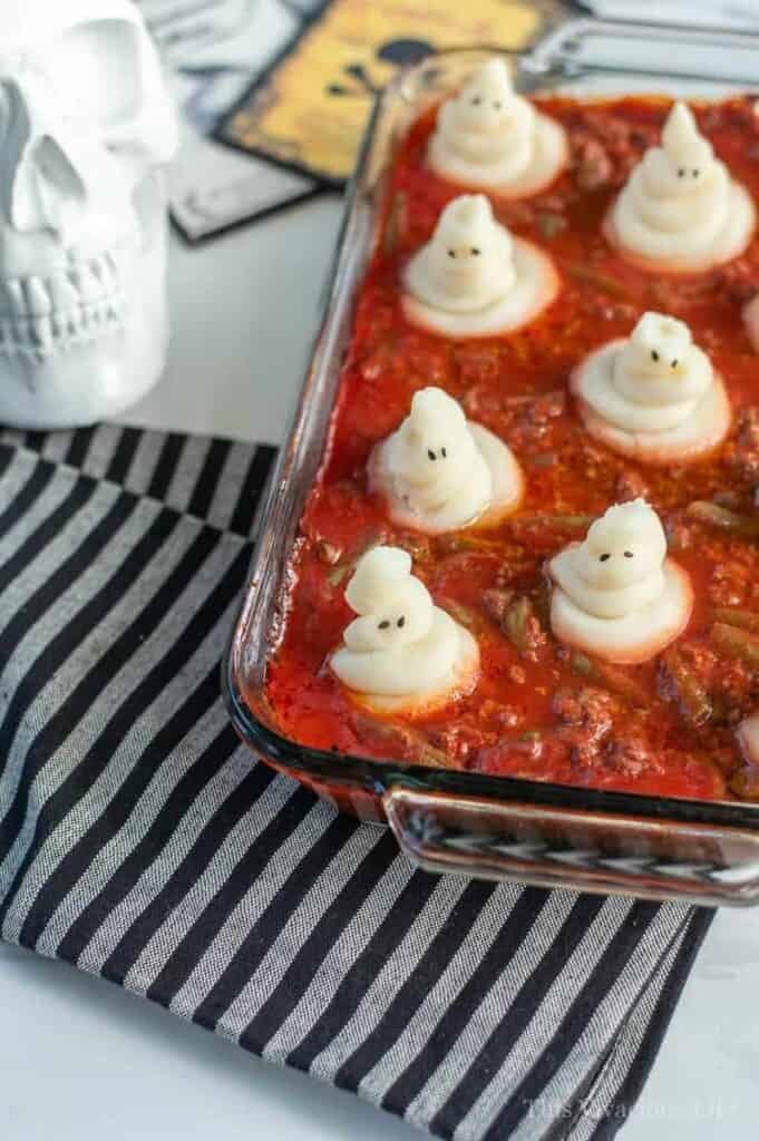 halloween dinner of ghost shepherd's pie in a glass dish