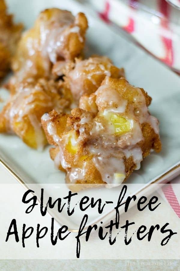 Gluten-free apple fritters on a plate with text over the photo
