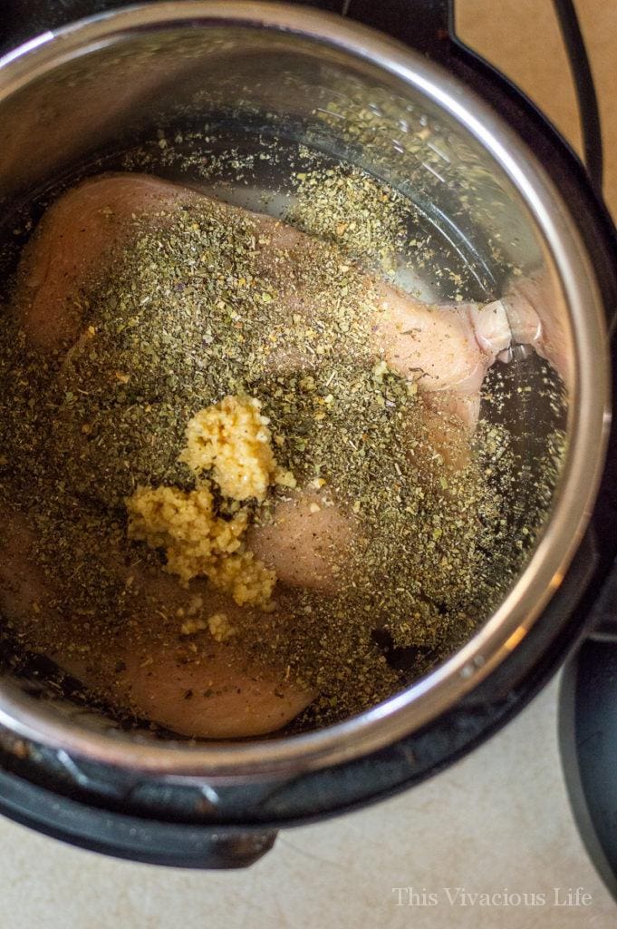 Overhead shot of raw chicken with garlic in an Instant Pot
