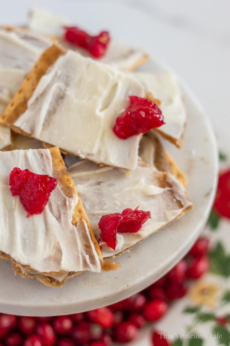 White chocolate Christmas crack on a marble tray