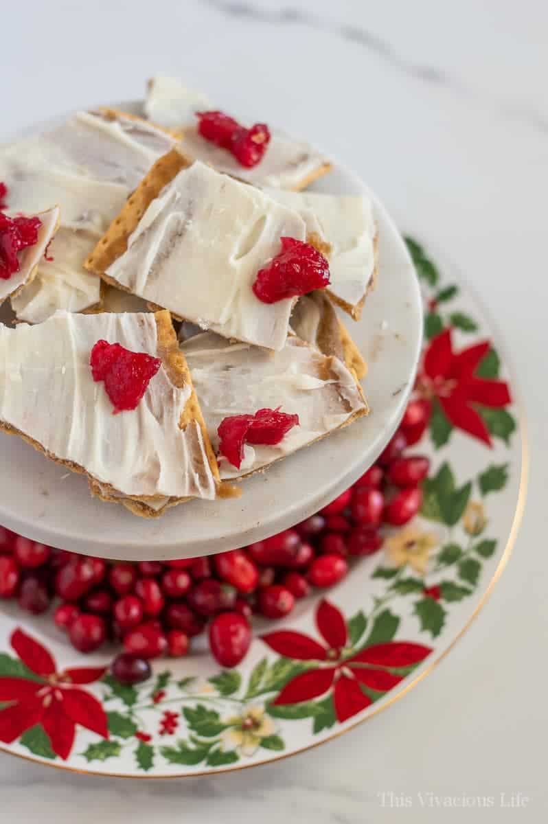 White chocolate Christmas crack on a marble tray