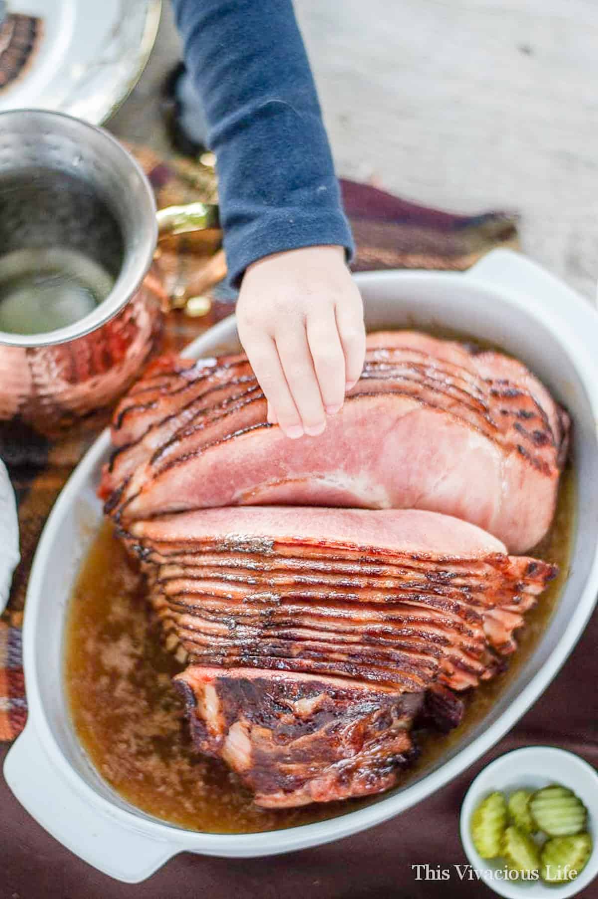 Ham in a white dish