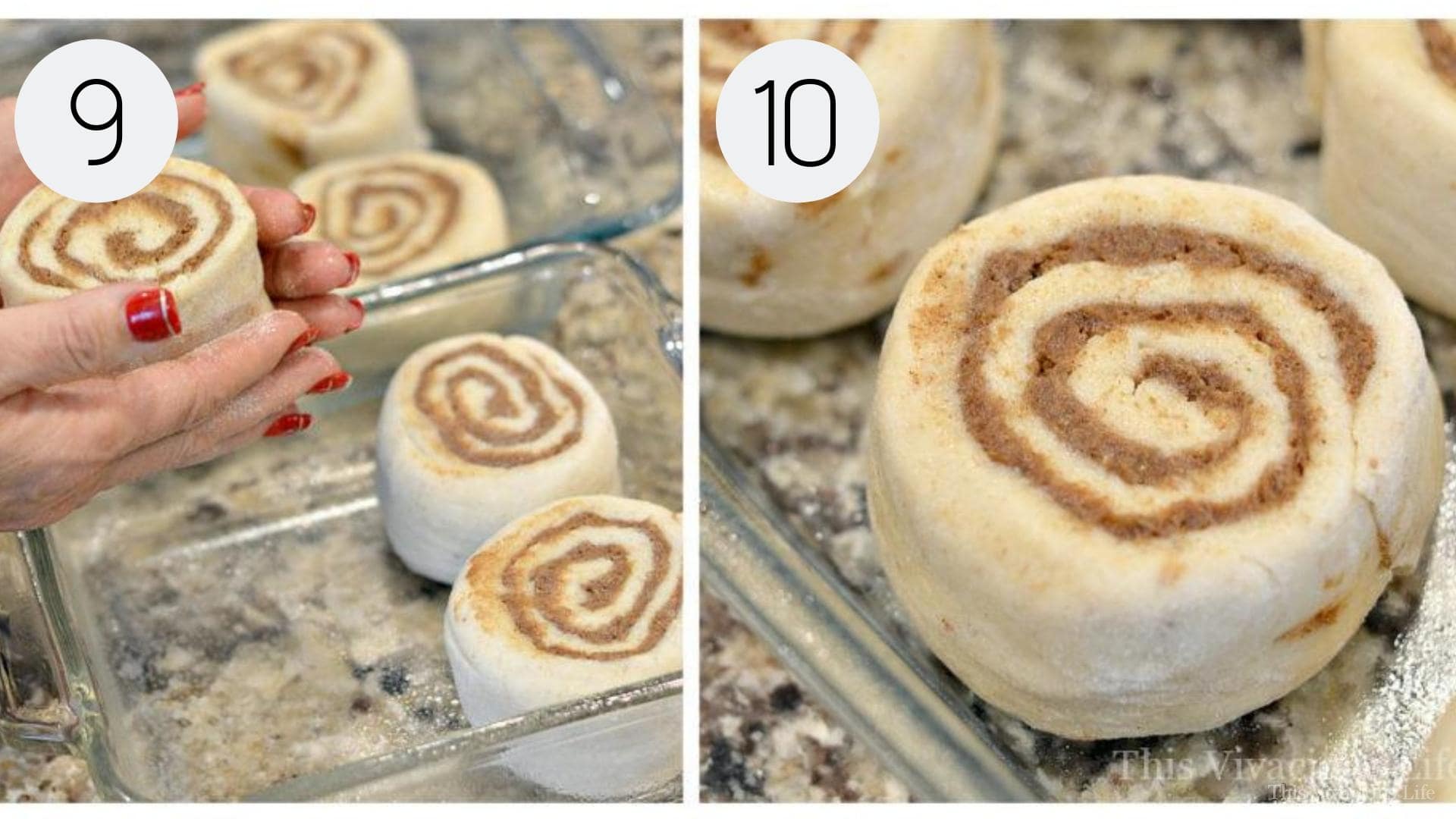 Step-by-step instructions for molding and place gluten-free cinnamon rolls into the glass pan. 