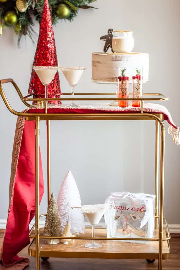 Christmas mocktails on a bar cart with decor