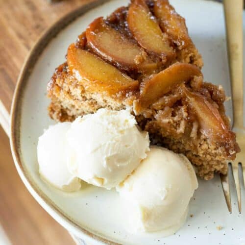 Gluten Free Apple Cake with ice cream on a plate