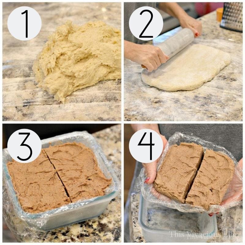 Step-by-step instructions for making the BEST gluten-gree cinnamon rolls. Here you see the dough in a pile, being rolled out and the frozen brown sugar butter filling in a dish.