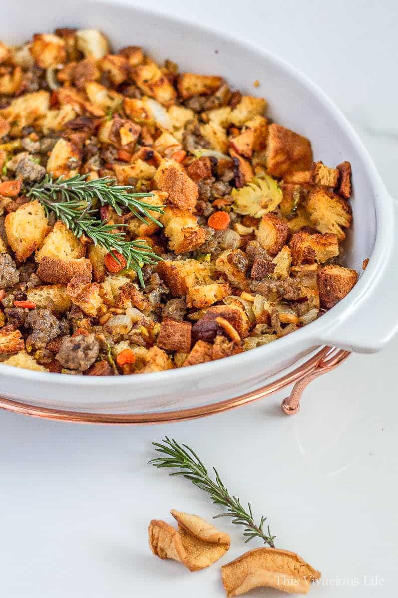 gluten-free stuffing in a white dish