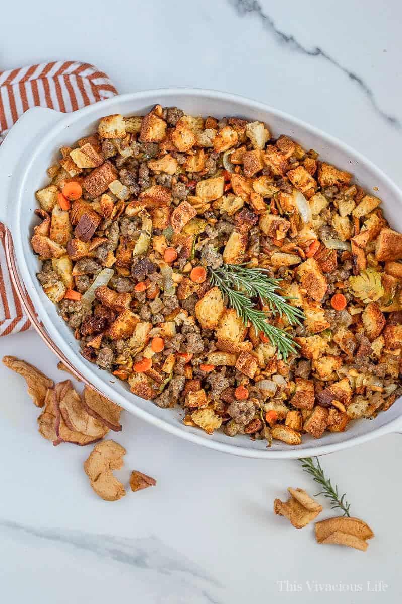 gluten-free stuffing in a white dish