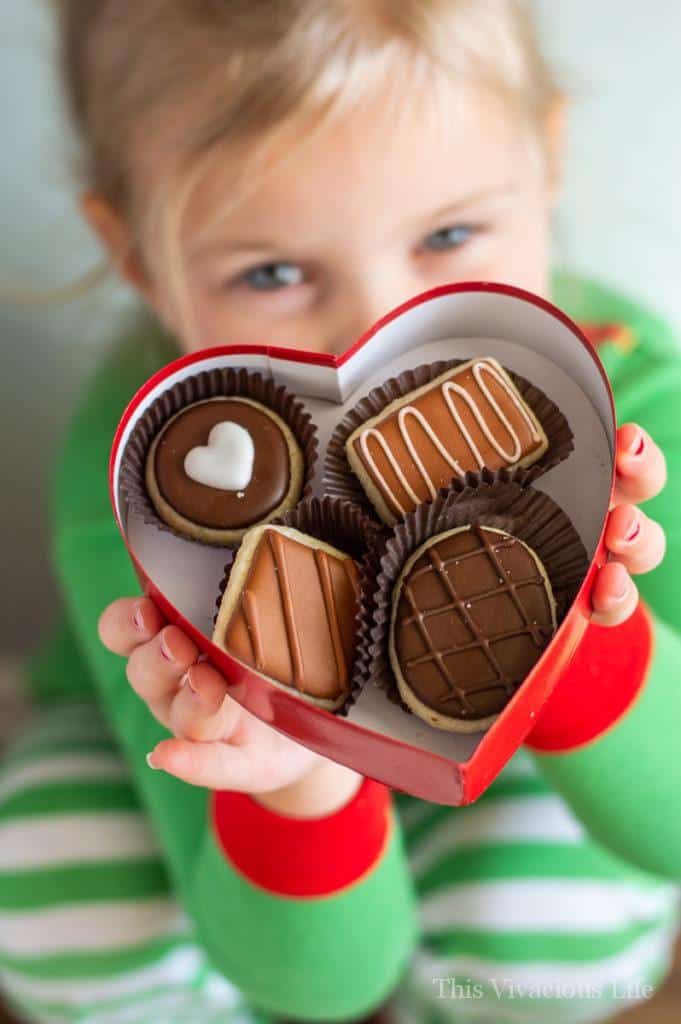 Valentine's Day sugar cookies in a DIY chocolate heart box chocolate sugar cookies