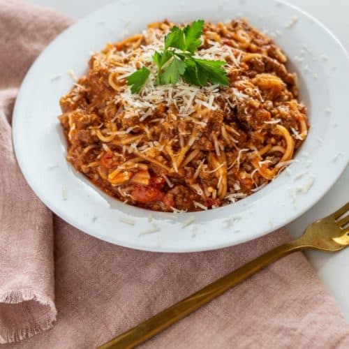 BEST Instant Pot Spaghetti in a white bowl