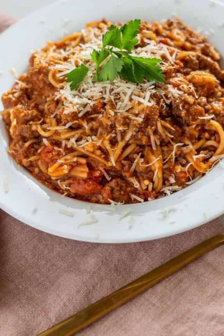 BEST Instant Pot Spaghetti in a white bowl