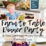 Farm to table dinner party photo with text