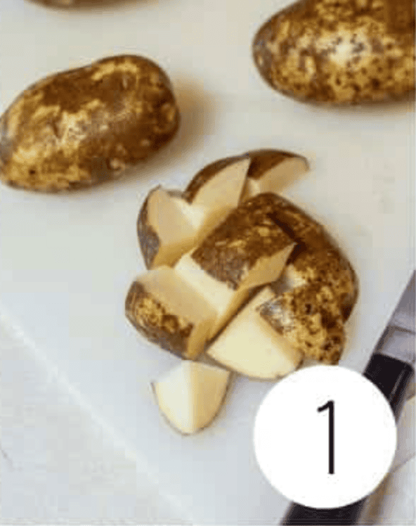 Non Alcoholic Dirty Martini Mocktail ingredients being prepared with potatoes cut in cubes