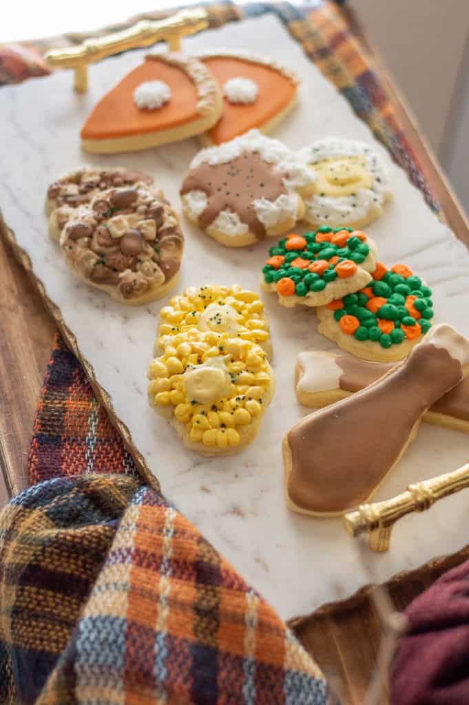 Thanksgiving sugar cookies on a platter pumpkin pie cookies