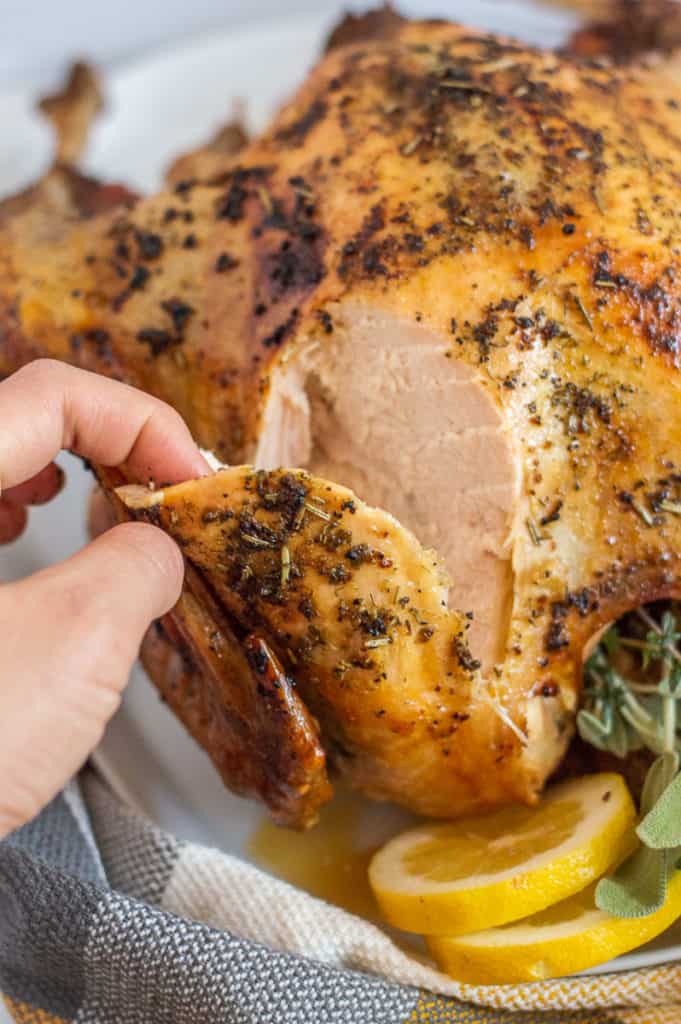Piece of turkey being taken off the cooked bird