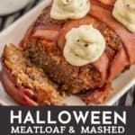 Halloween meatloaf that is bacon wrapped combines two great proteins in one delicious bite. The addition of mashed potato ghosts makes it a festive meal! pin