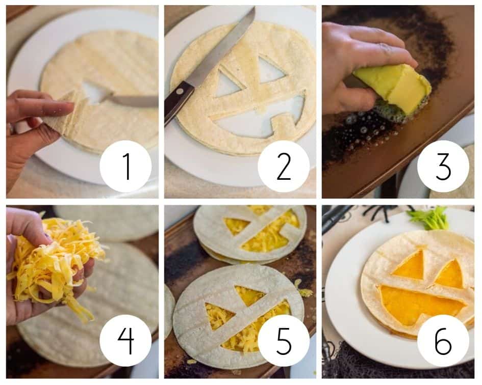 Step by step photos for making jack o' lantern quesadillas