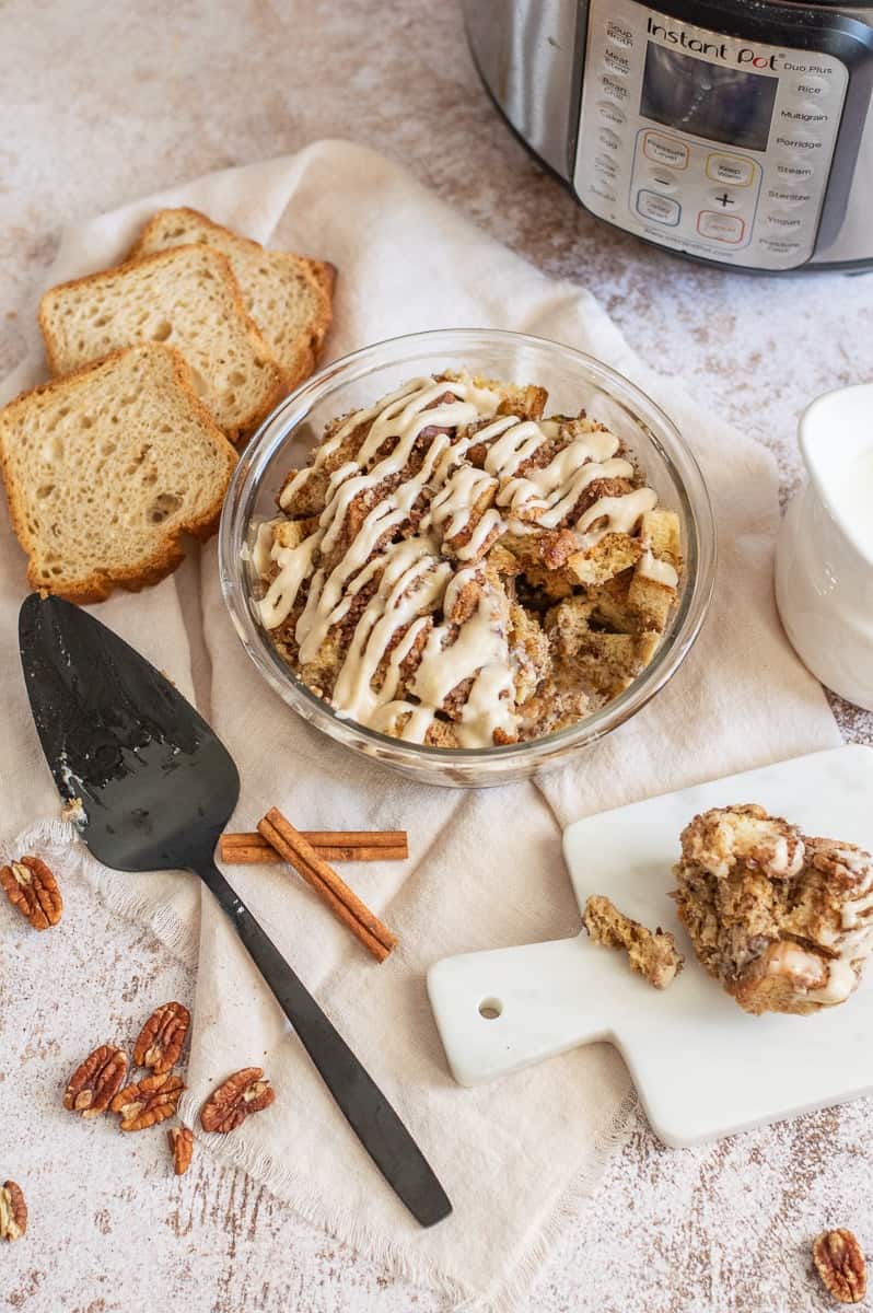 Cinnamon roll French toast casserole in the Instant Pot with bread slices