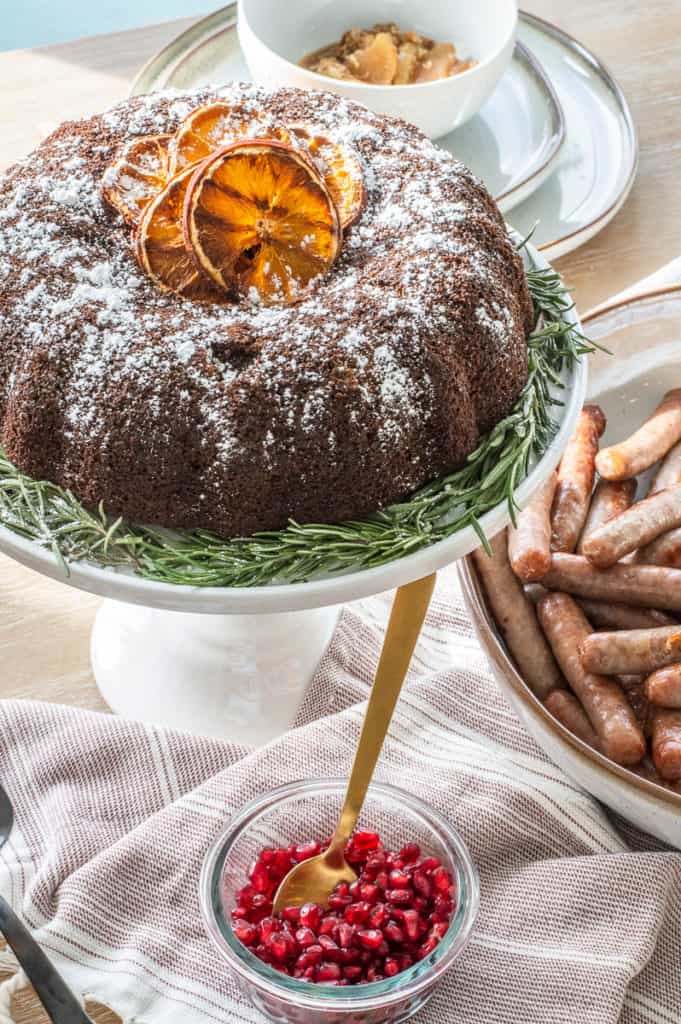 Gluten-free gingerbread cake, sausage and pomegranate seeds