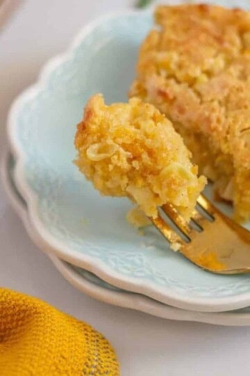 Gluten free corn casserole on a fork and plate