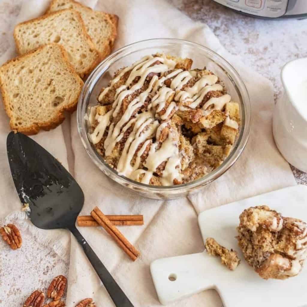 Cinnamon Roll French Toast Casserole in a bowl