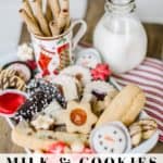 Milk and cookies on a white platter with red striped towel