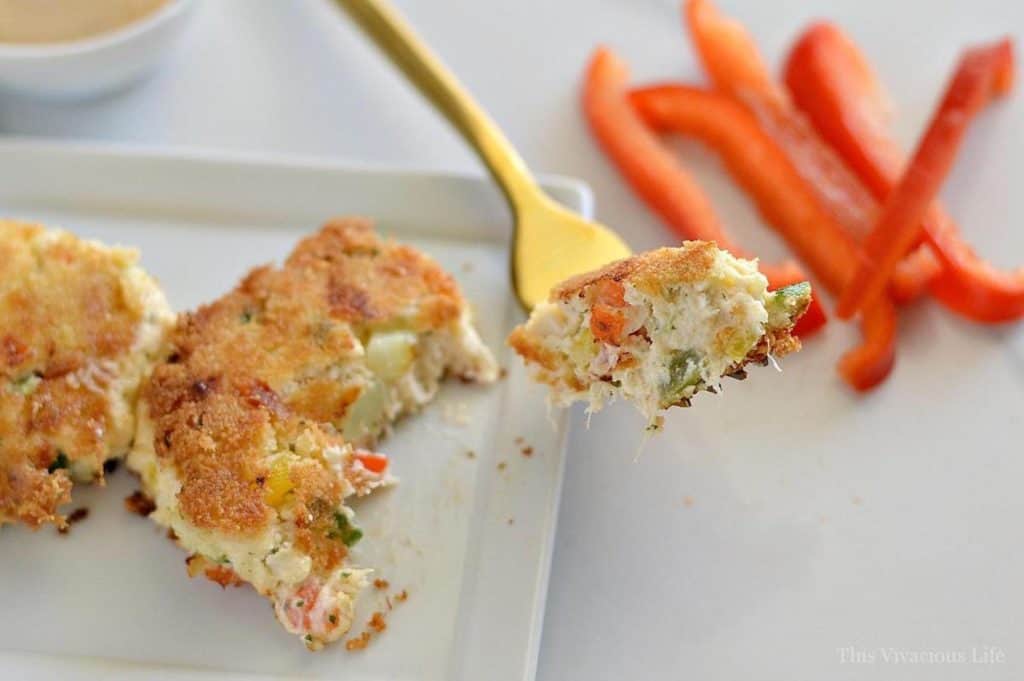 Whole30 crab cakes bite on a fork