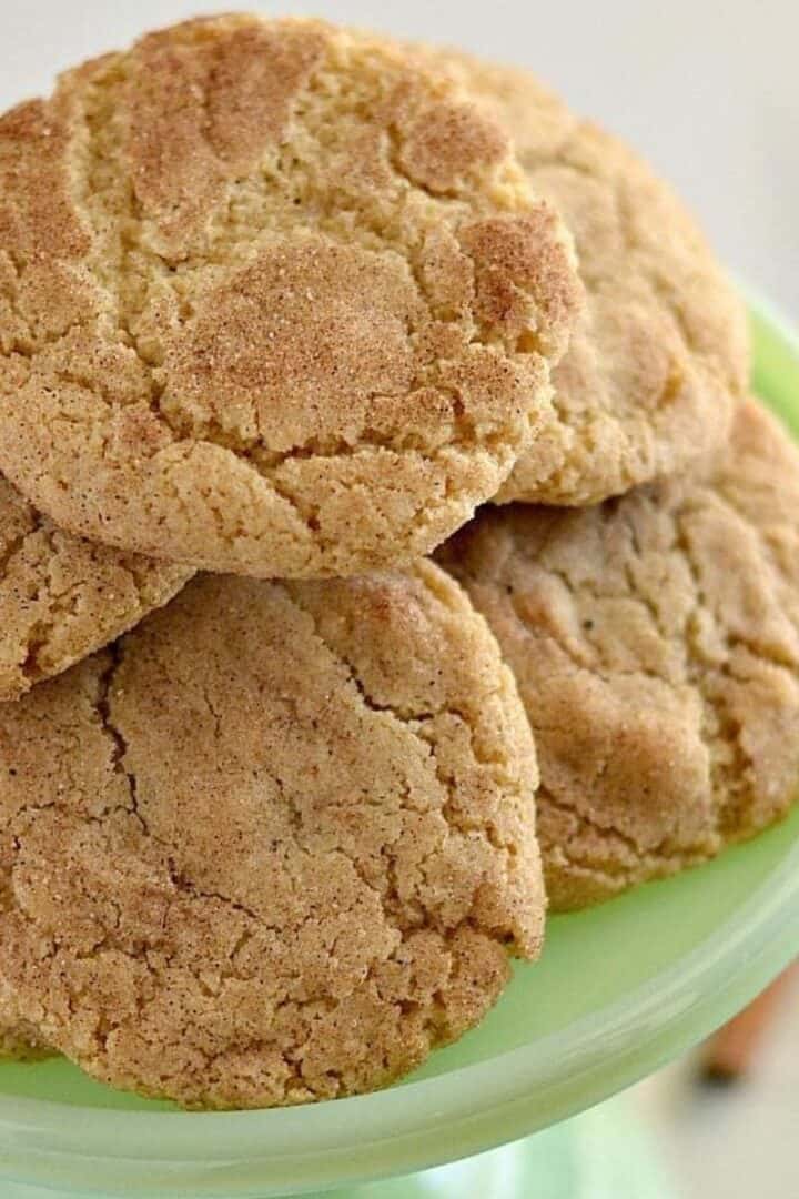 Chewy Gluten Free Snickerdoodles on a cake stand