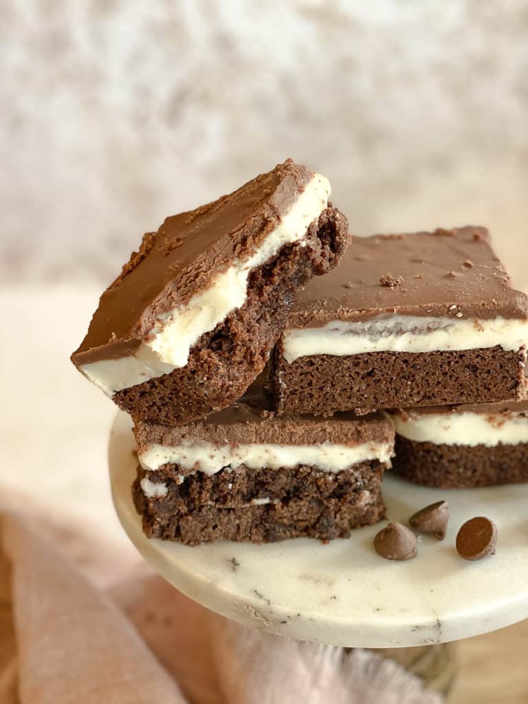 Gluten-free brownies on a cake stand
