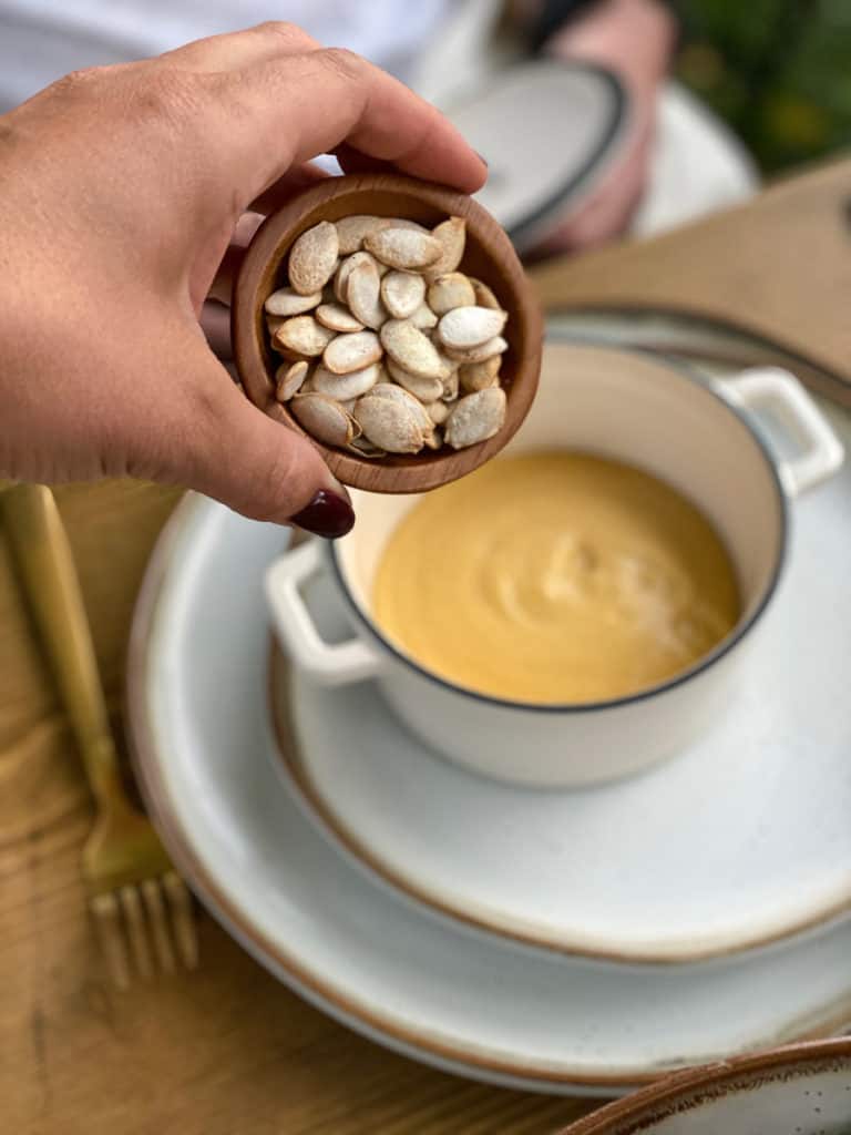 Roasted butternut squash soup with roasted pumpkin seeds