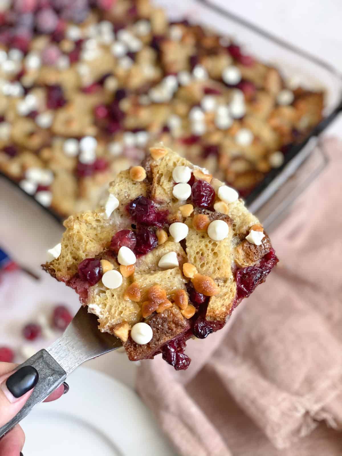 gluten-free French toast casserole with white chocolate and cranberries