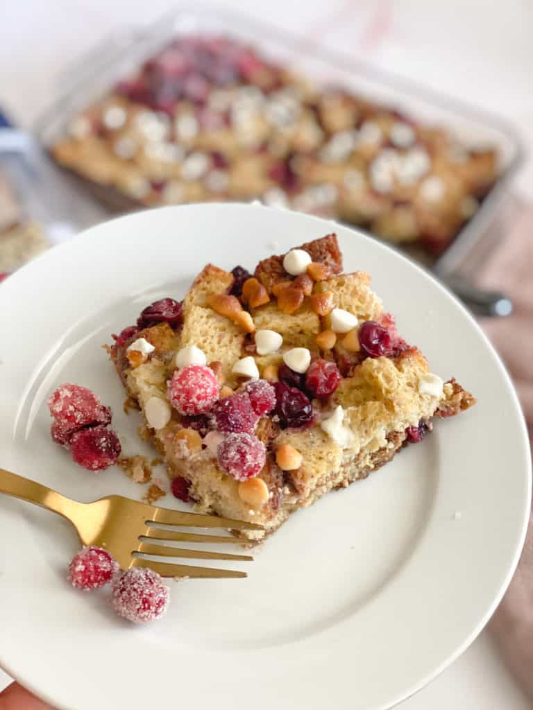 gluten-free French toast casserole in a square on a plate