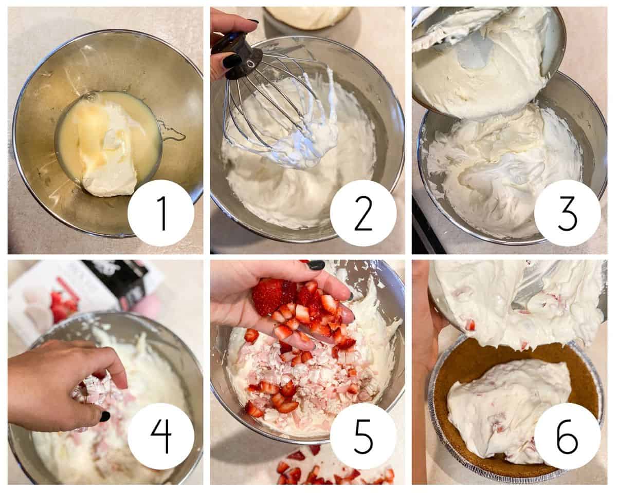Step by step frozen strawberry pie collage