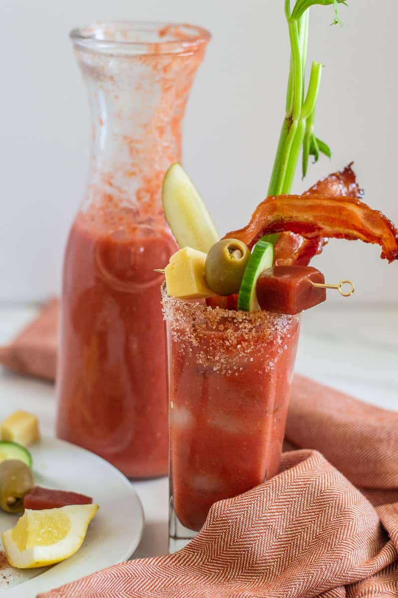 Non-alcoholic Bloody Mary mocktail with lots of garnish