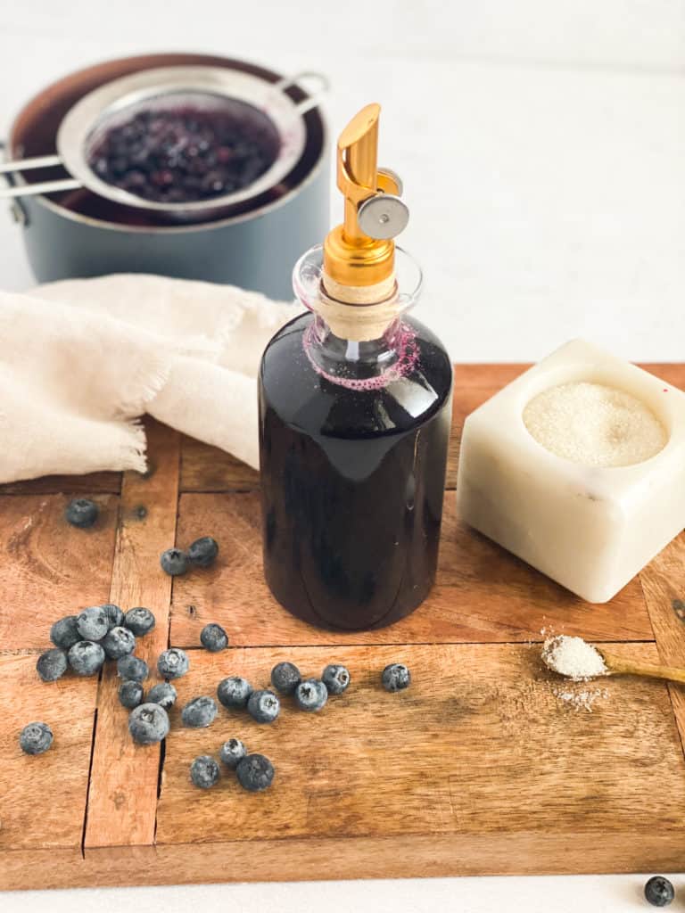 Blueberry Simple Syrup in a glass jar