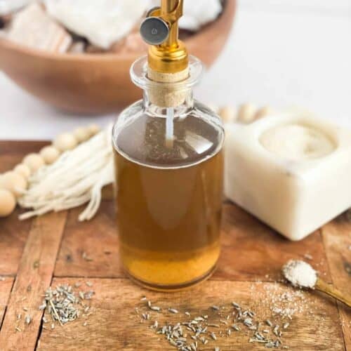 Lavender simple syrup in a bottle
