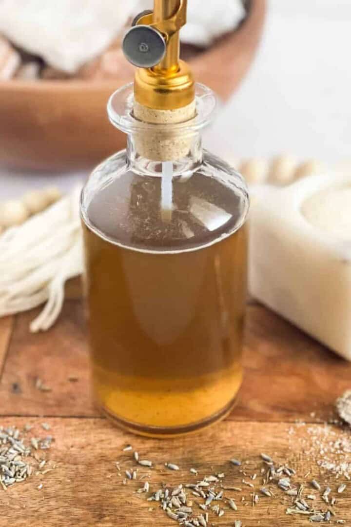 Lavender simple syrup in a bottle