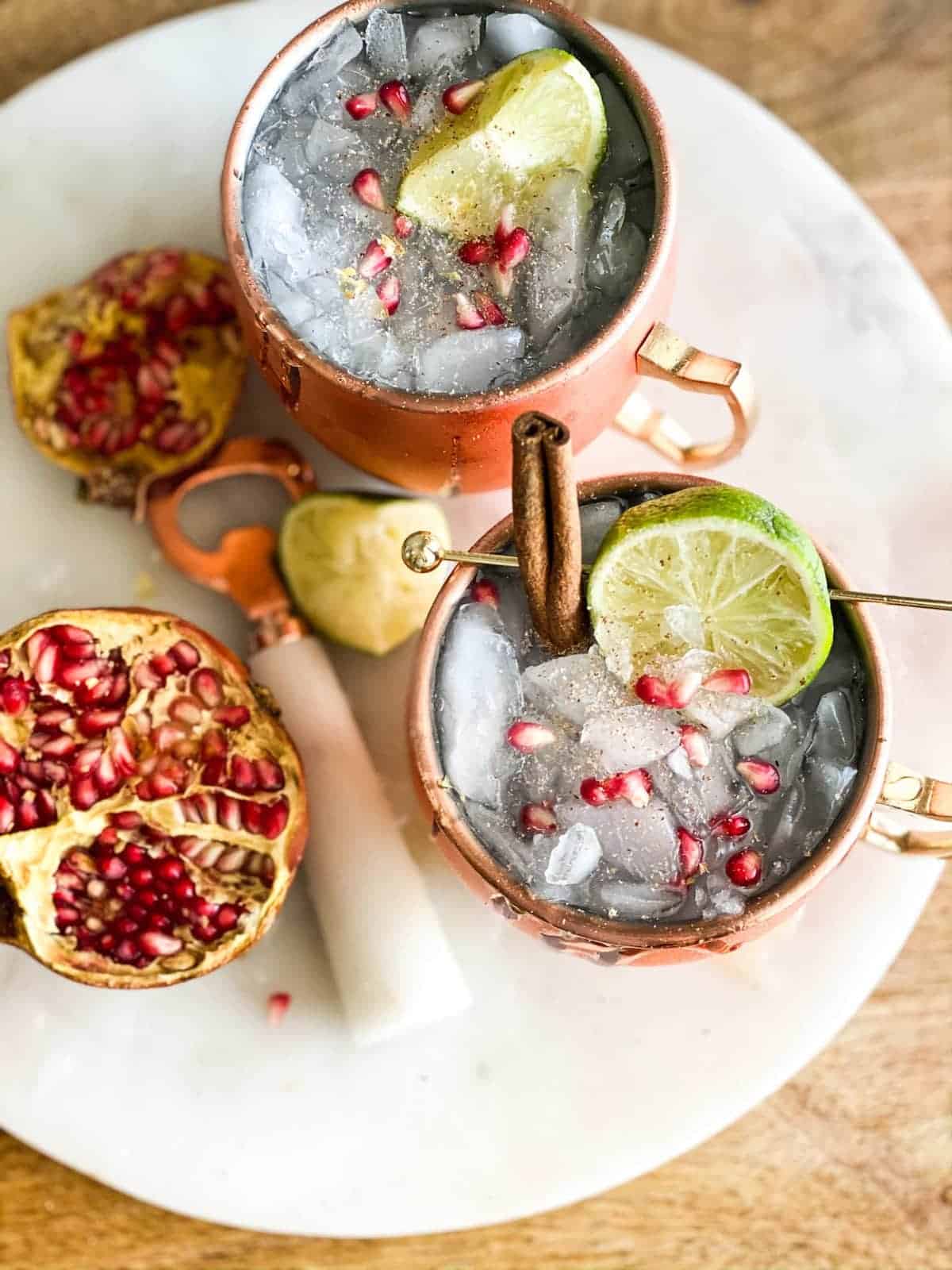 Thanksgiving mocktails overhead shot in copper cups