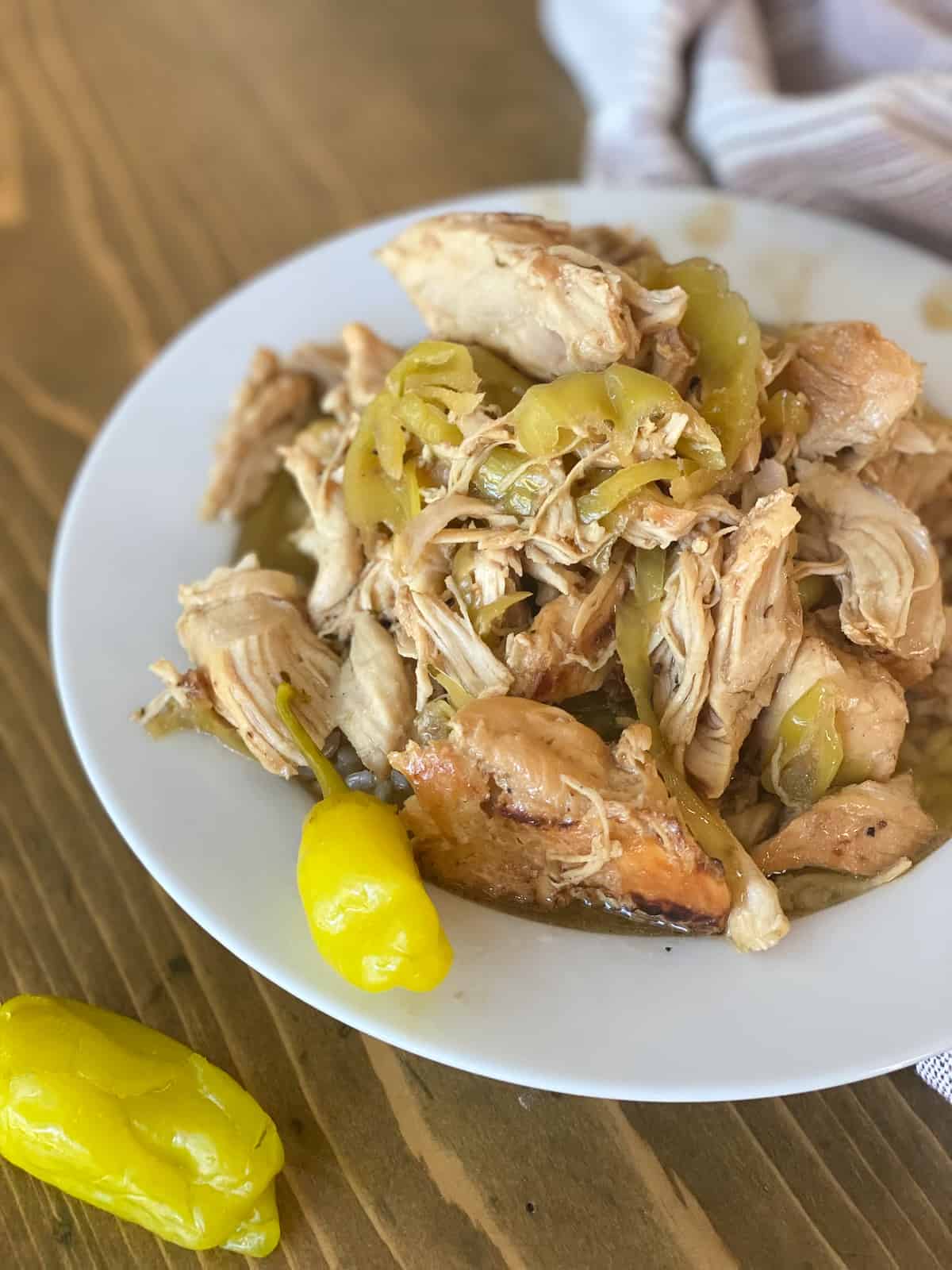 Mississippi Chicken Instant Pot close up in a white bowl