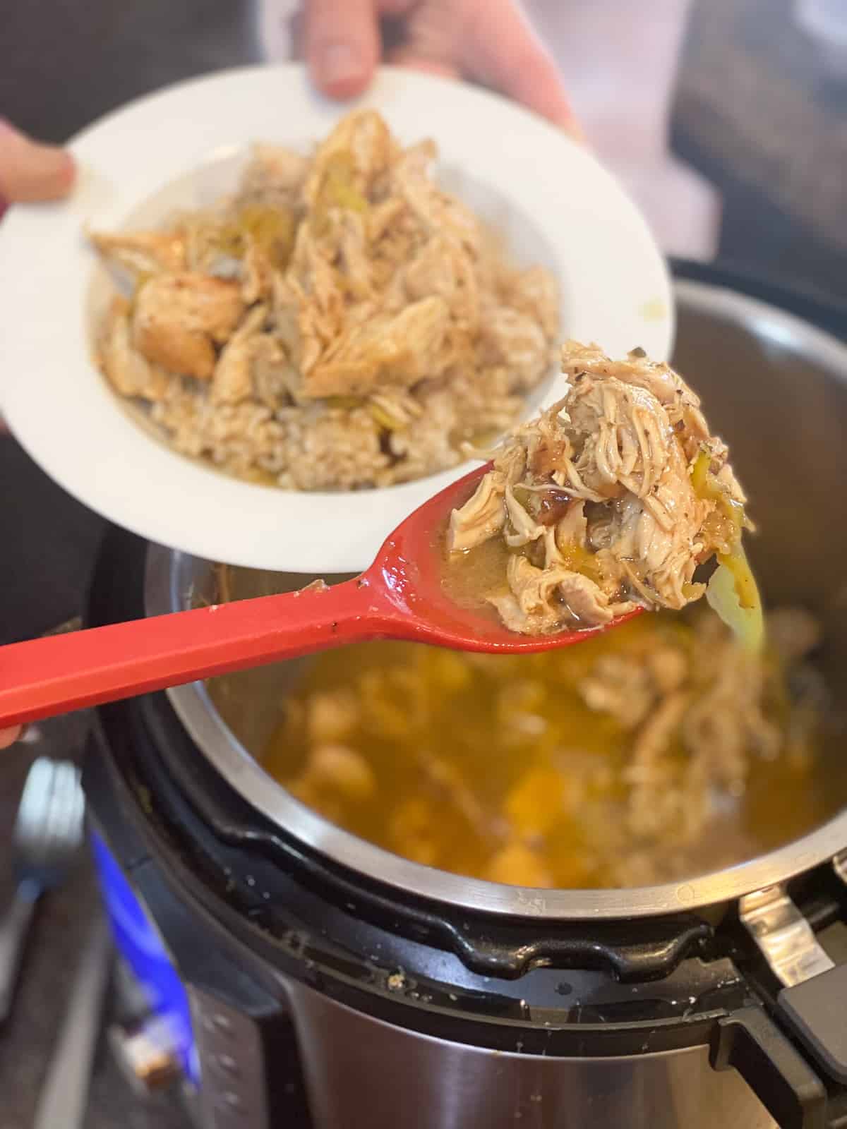 Mississippi Chicken Instant Pot spoon dishing food into a bowl
